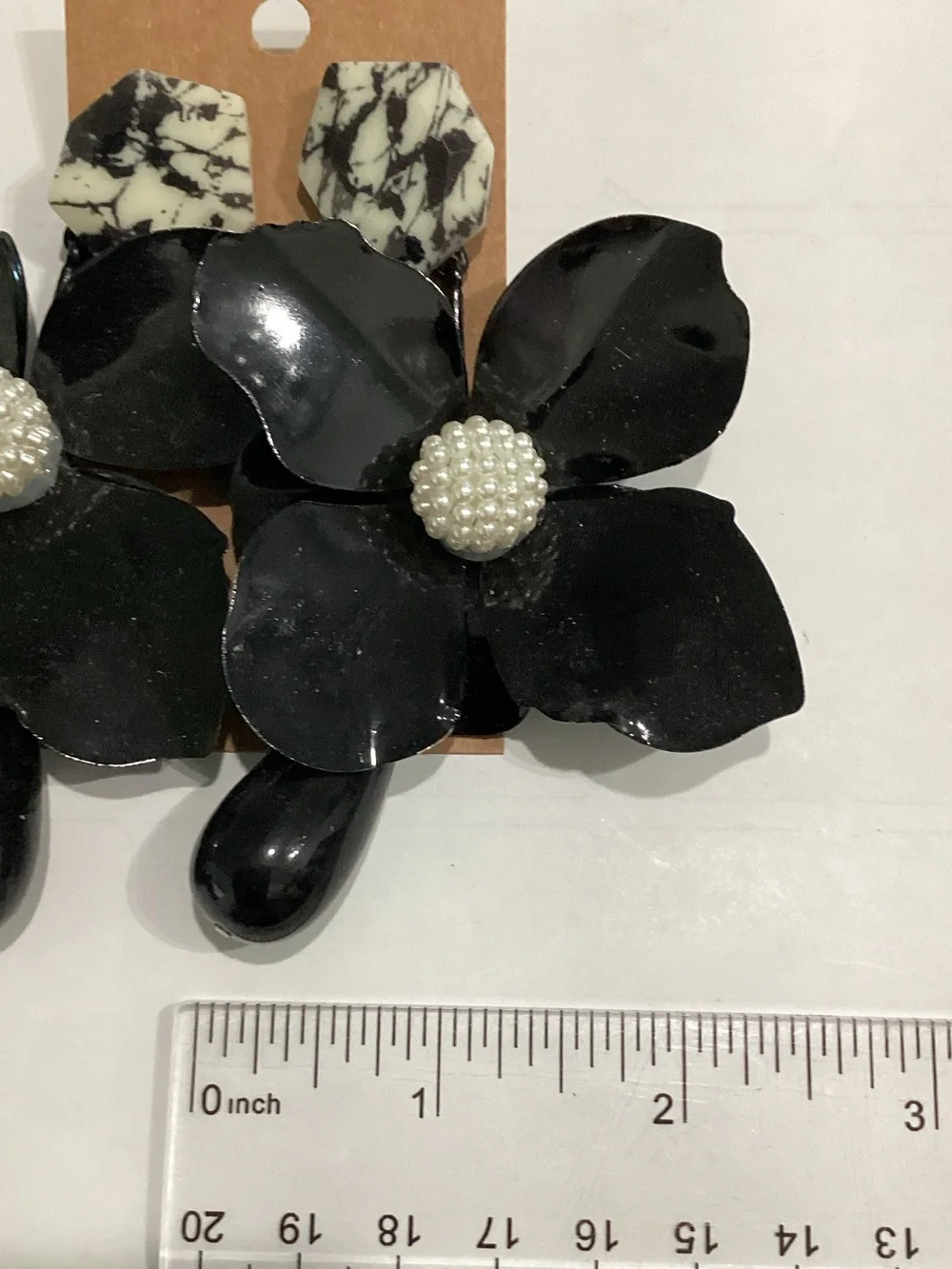 Black Floral Statement Drop Earrings with Pearl Center